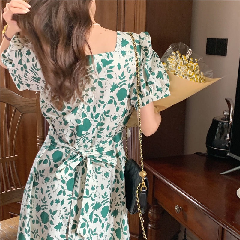 Đầm Hoa Tay Phồng Cổ Vuông Thời Trang Retro Hàn Quốc