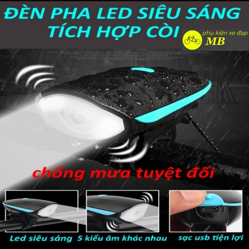 Đèn xe đạp siêu sáng có còi sạc usb chống nước, đèn led xe đạp thể thao nhiều màu sắc 7588