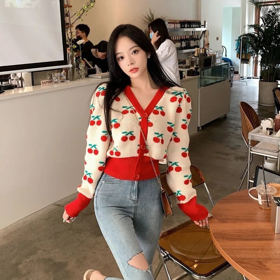 Áo len tay dài cổ chữ V họa tiết ngọt ngào phong cách retro Hàn Quốc mới