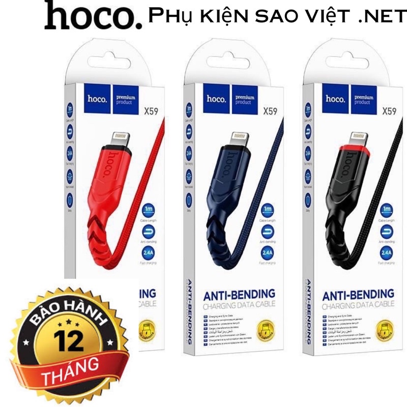 Cáp sạc nhanh iphone Hoco X59 USB to Lightning sạc nhanh 2.4A, đầu sạc chống gẫy gập bảo hành 12 tháng