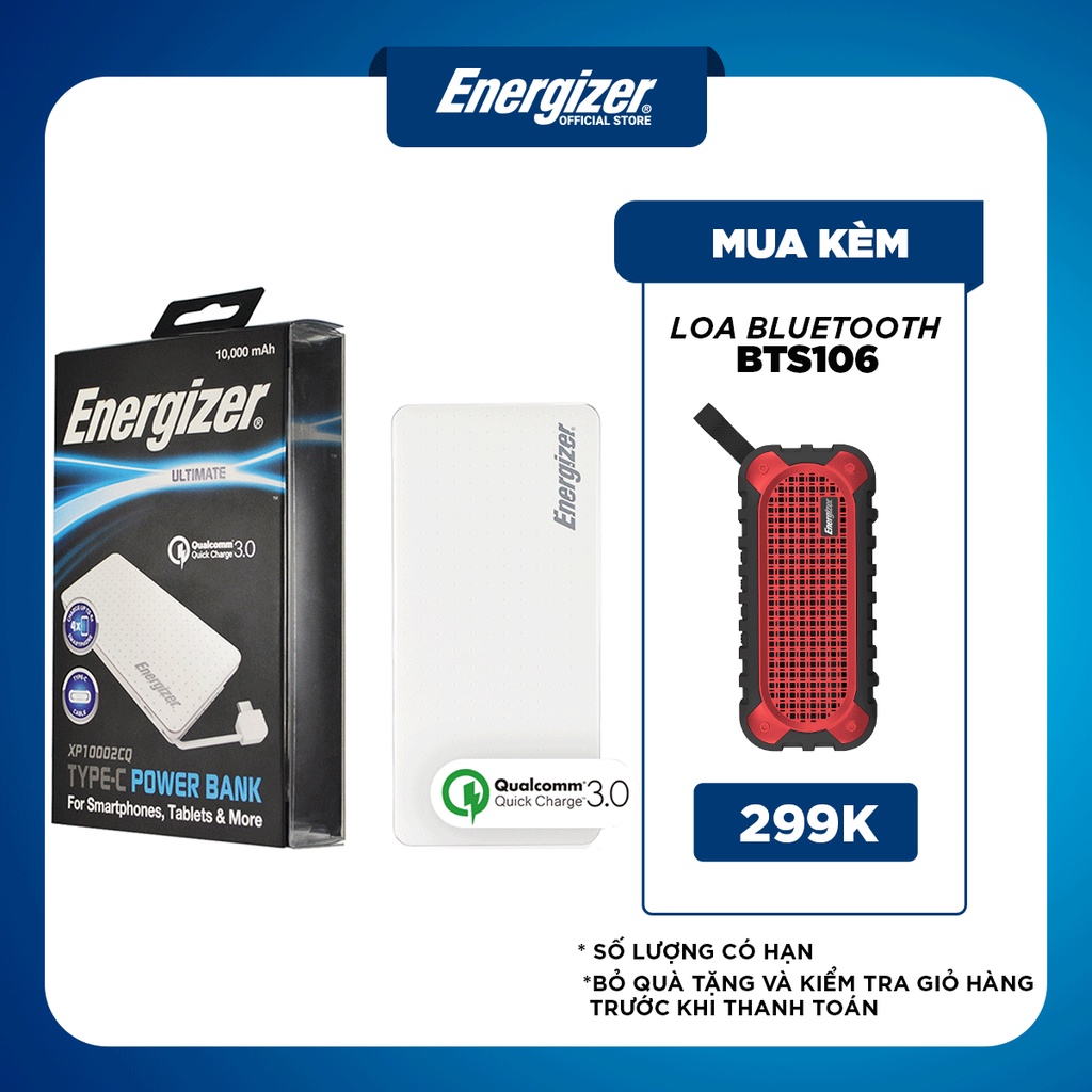 Pin sạc dự phòng Energizer 10,000mAh Quick Charge 3.0 - XP10002CQ tích hợp cáp USB-C