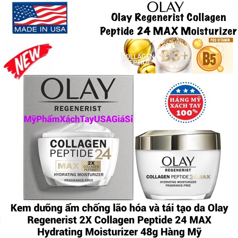 [HàngMỹ]Kem dưỡng ẩm chống lão hóa và tái tạo da Olay Regenerist 2X Collagen Peptide 24 MAX Hydrating Moisturizer 48g