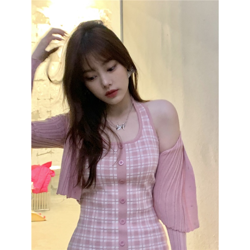 DUNEA Bộ Đầm Dệt Kim Kẻ Sọc + Áo Khoác Cardigan Chống Nắng Thời Trang Cho Nữ