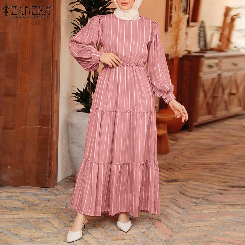 Zanzea Đầm Dài Tay Phồng Họa Tiết Sọc Thời Trang Dành Cho Nữ