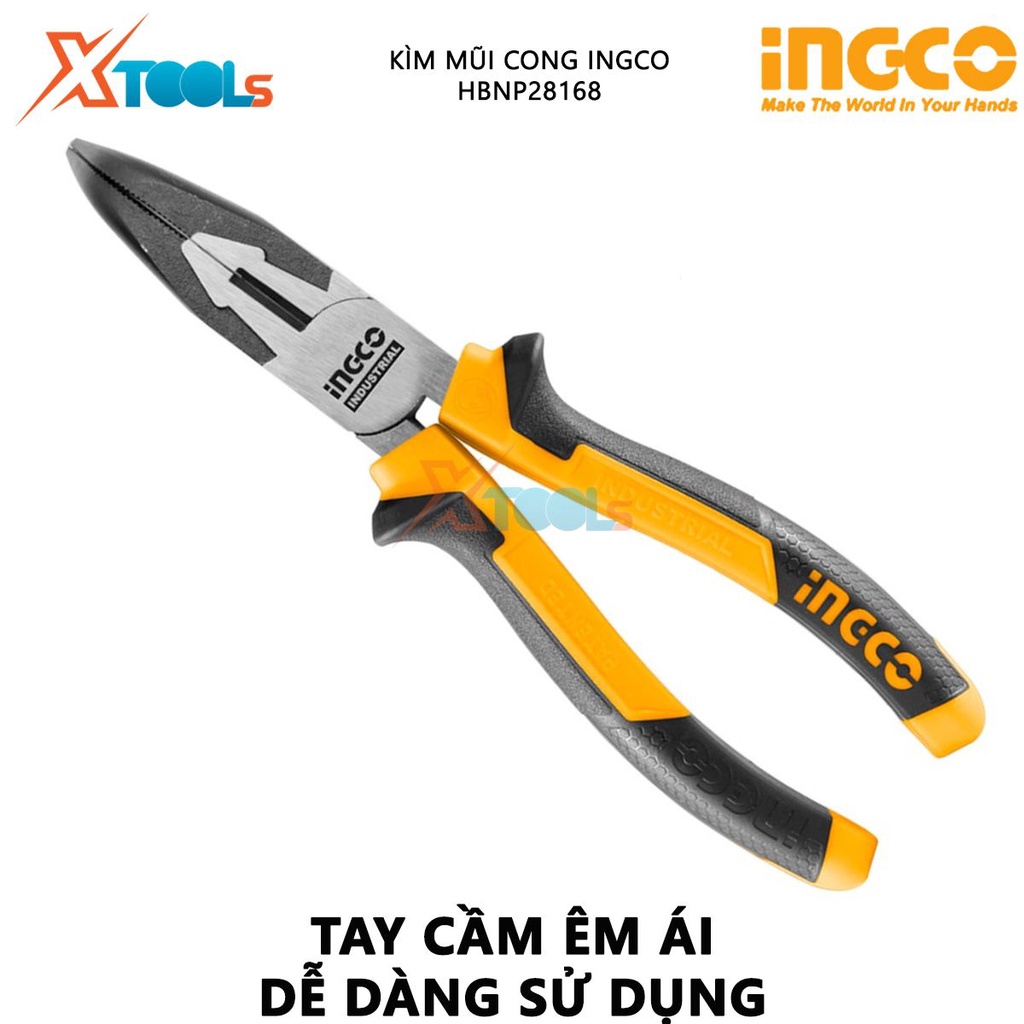 Kìm mũi nhọn mỏ cong INGCO HBNP28168 | Kìm tuốt dây điện Kích thước 6&quot;&quot;/ 160mm Đầu kềm được đánh bóng và chống gỉ dùng đ