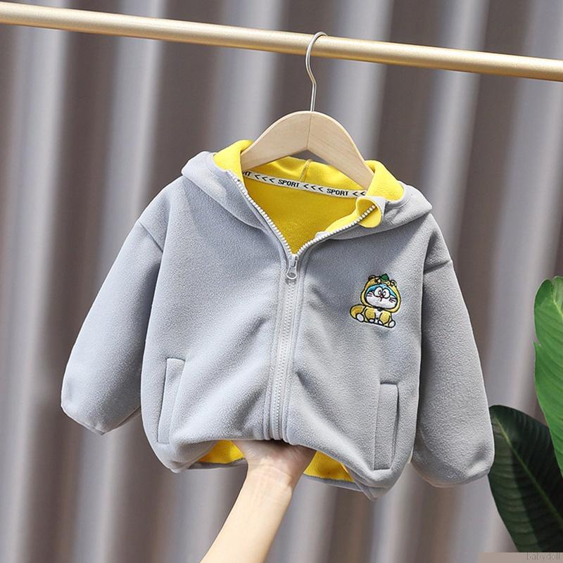 Áo khoác cotton lông cừu tay dài dáng rộng phối khóa kéo in hoạt hình kiểu Hàn Quốc cho bé trai