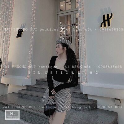 Chân váy chữ A kẻ zíc zắc cạp cao