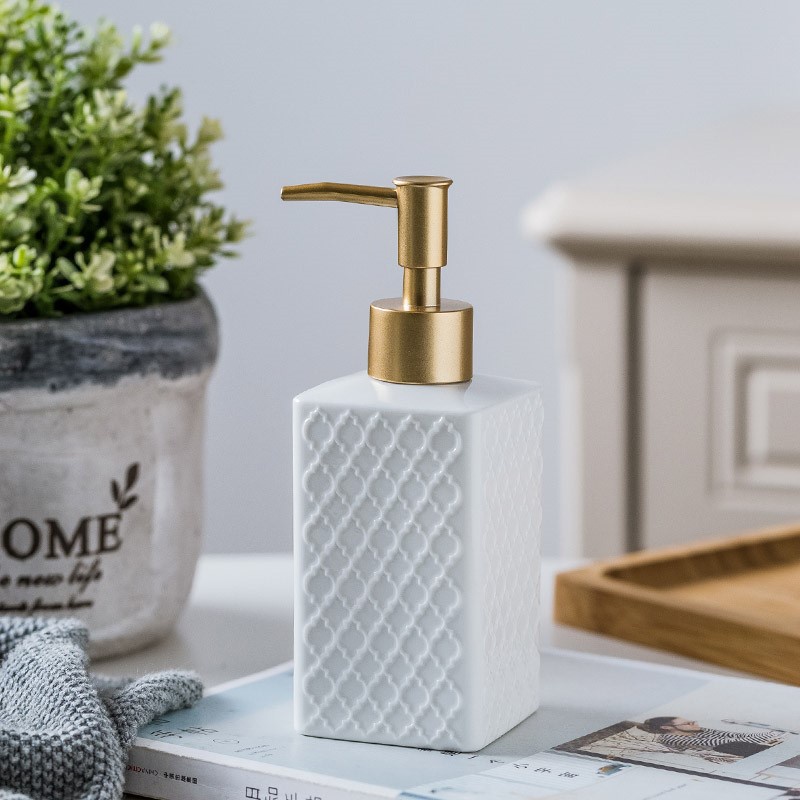 Bình Đựng Nước Rửa Tay, Sữa Tắm 360ml Gốm Sứ Cẩm Thạch Cao Cấp, Decor Nhà Tắm, Khách Sạn Có Vòi Nhấn Tiện Lợi