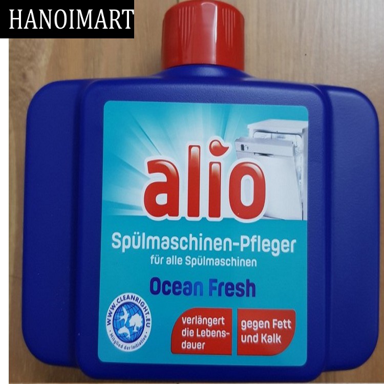 Vệ sinh máy rửa bát Alio Đức tẩy cặn canxi và dầu mỡ tích tụ, hương dịu nhẹ.