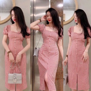 Đầm suông caro đính nút dây thắt bên hông