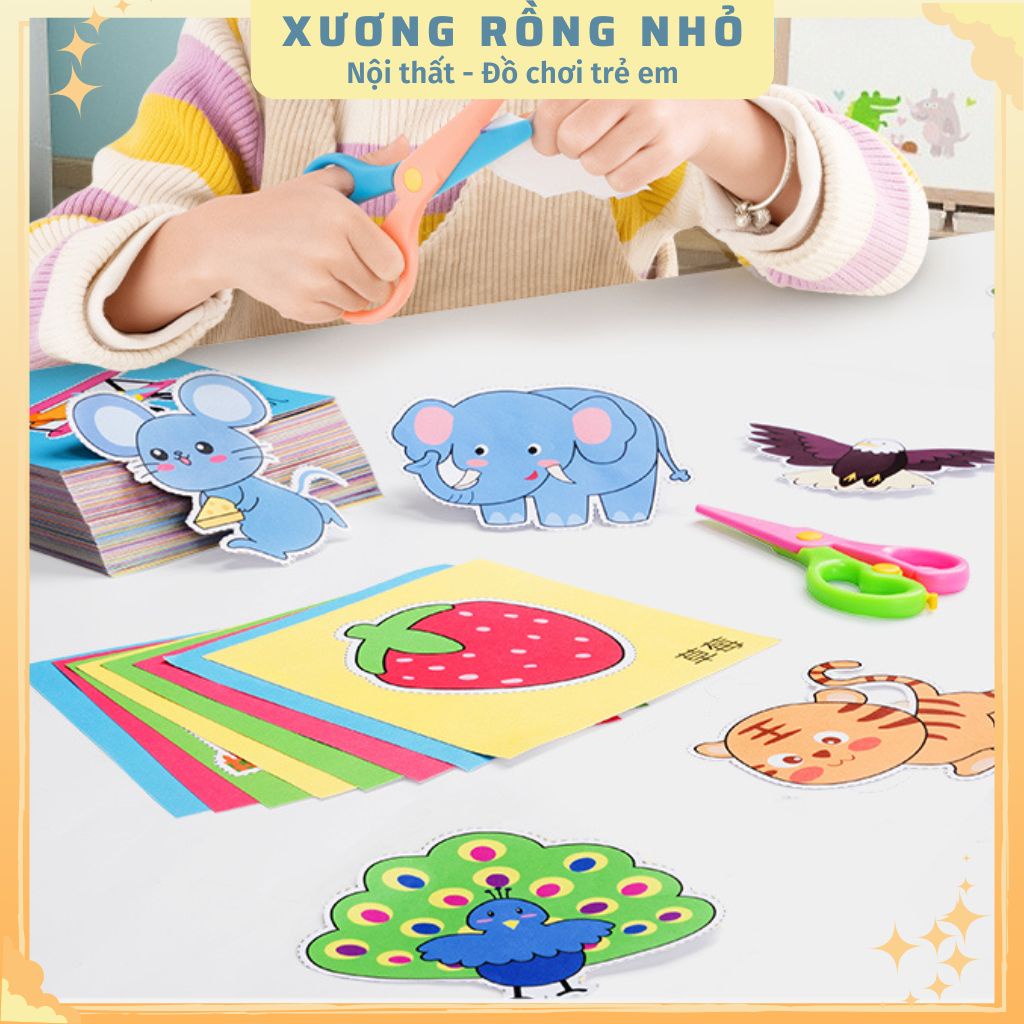 Bộ cắt giấy thủ công 180, 240 tờ tạo hình tặng kèm kéo nhựa cho bé - Xương Rồng Nhỏ
