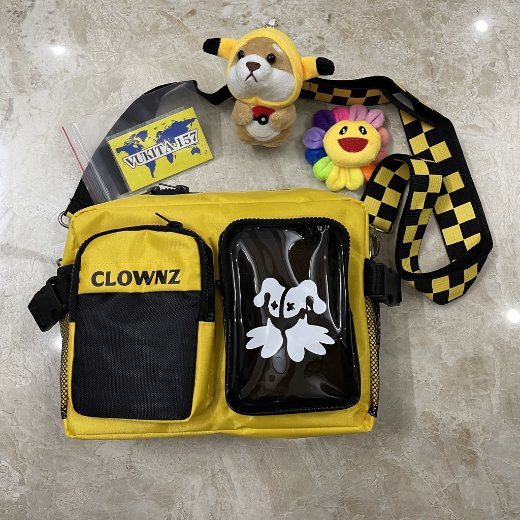 Túi đeo chéo Clownz Vàng in hoa văn (Tặng full tag và giấy thơm) (chuẩn cao cấp 1-1) (loại 2 hộp in mặt quỷ) (Vukita157)