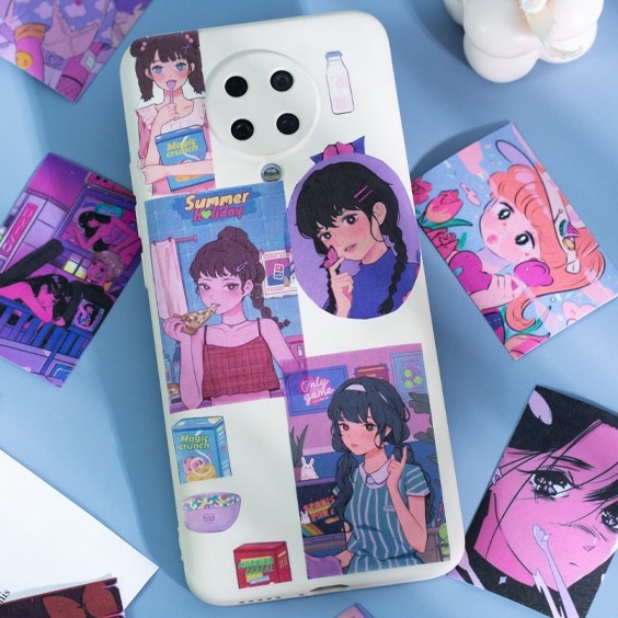 Sticker Set Miếng Dạng Thẻ Sticker Tấm 2 Tờ Dán Retro Anime Girl