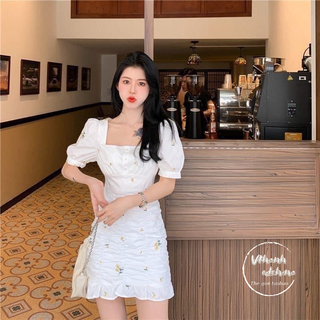 Váy thun hoa nhí ôm body rúm eo
