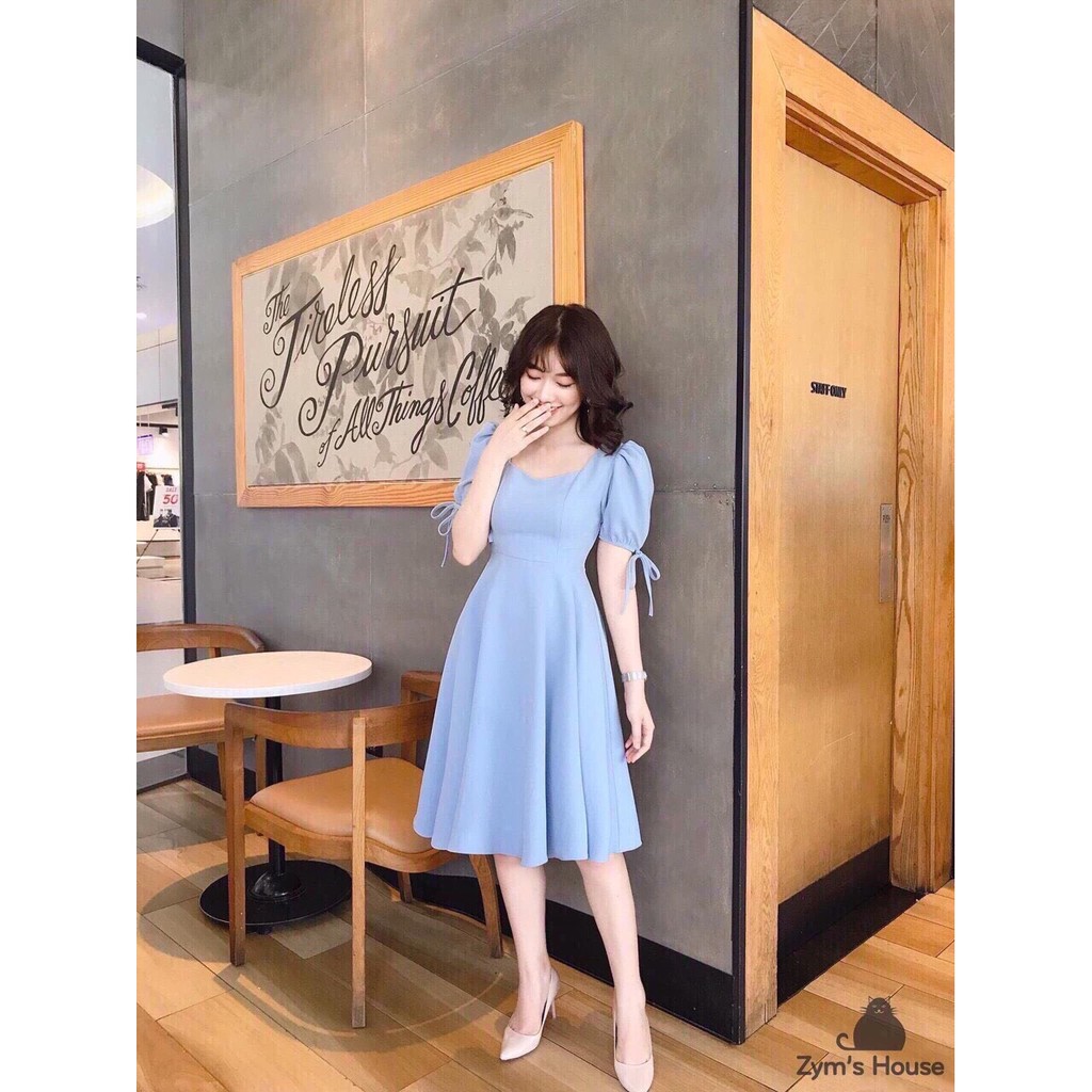 Váy đầm nữ dáng xoè chất lụa cao cấp kiểu tay phòng rút dây thiết kế thanh lịch trẻ trung thích hợp mặc đi tiệc, đi làm