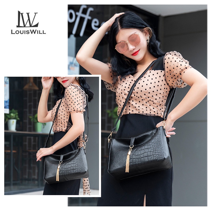 Túi Đeo Chéo LouisWill Bằng Da Mềm Phối Tua Rua Thời Trang Cho Nữ