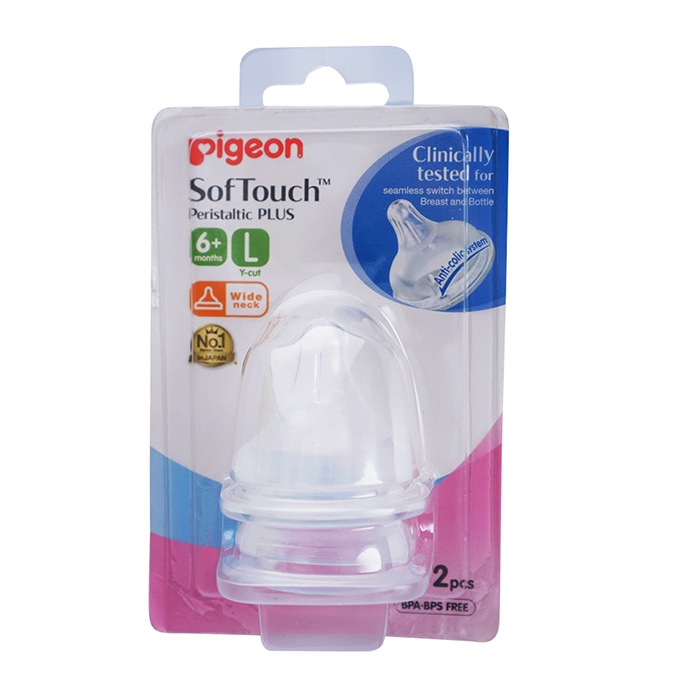 Núm Vú Pigeon Cổ Rộng Plus SofTouch Silicon Cao Cấp, Núm Vú Gắn Bình Sữa Cổ Rộng 1 vỉ 2 cái Size S M L 2L 3L