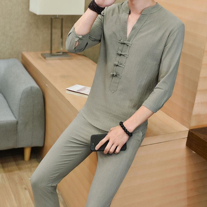 Bộ Đũi Nam ( Mát - Nhẹ Như Không). Cổ áo 3 cúc vải cài
