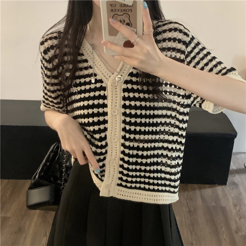 Áo cardigan ngắn tay mỏng dệt kim cổ V Thời Trang Mùa Hè Cho Nữ Quảng Châu cao cấp Kozoda M85