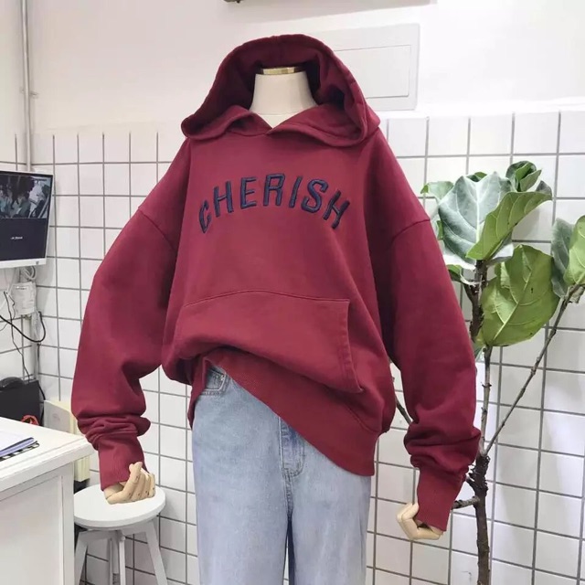 Áo hoodie nữ vải nỉ lót bông dày dặn thêu Cherish