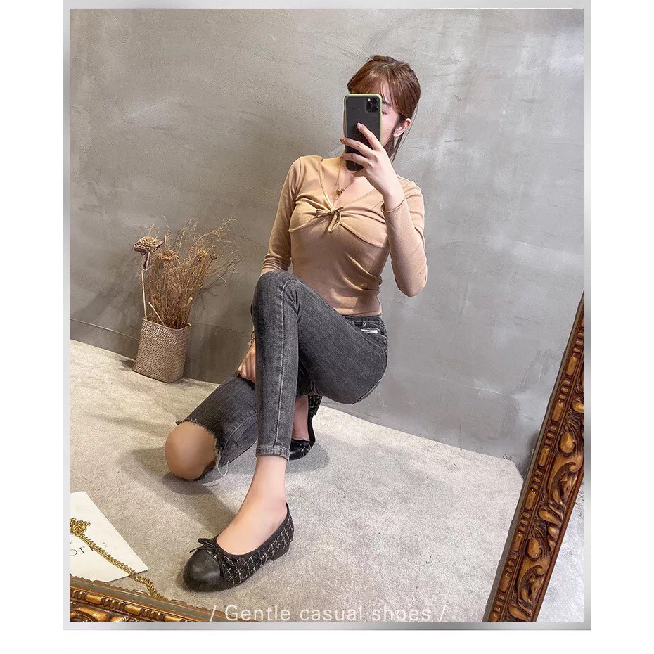 Giày bệt búp bê nữ phối dạ đính nơ xin xắn hàng chuẩn đẹp_B24