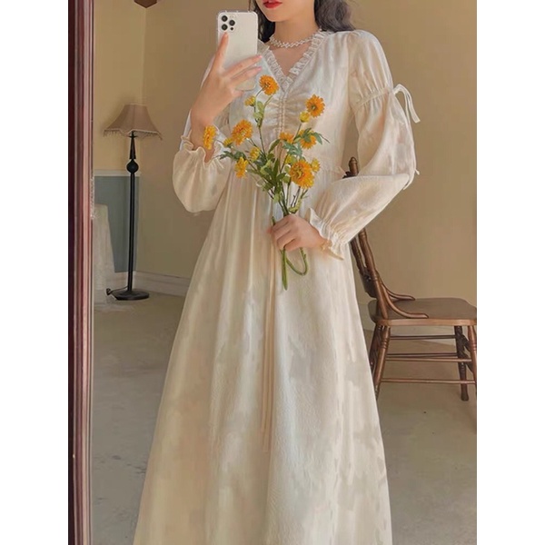 (ORDER.buiny) Váy trắng Nữ/ Đầm tiểu thư dáng dài cổ tim hàng quảng châu | BigBuy360 - bigbuy360.vn