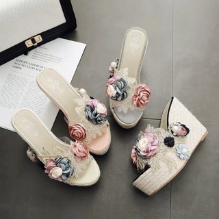 [ Hàng order 5 ngày] dép cói đế xuồng đính bông 12cm