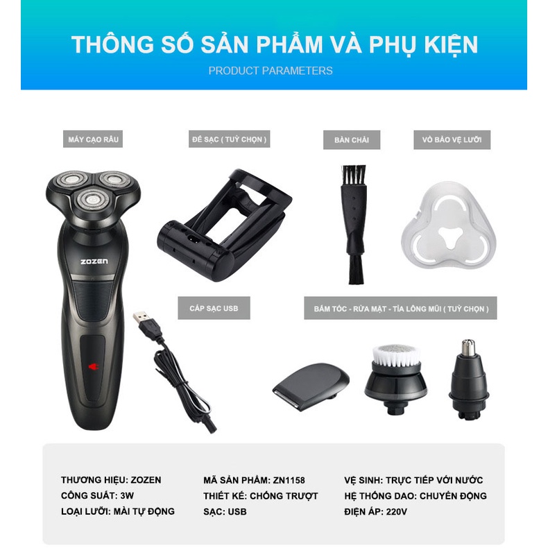 Máy cạo râu đa năng 3 lưỡi kép Zozen đen trơn, Máy cạo râu cạo sát, êm, sạc pin nhanh, chống nước,