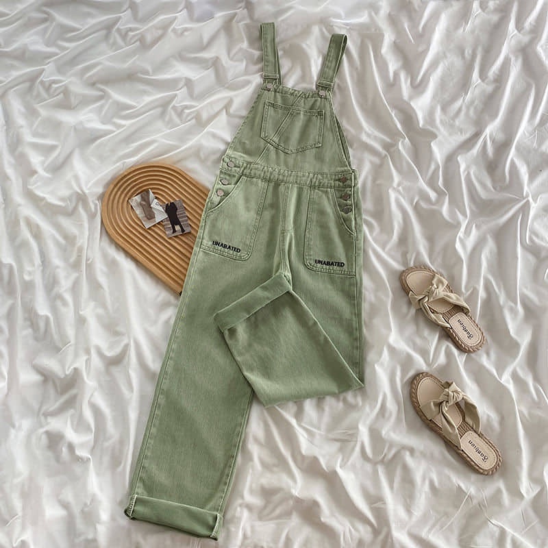 (ORDER) Quần yếm nữ ulzzang dài ống suông rộng túi hộp cài khuy bên hông tone màu xanh bơ nhạt xinh xắn Unbated