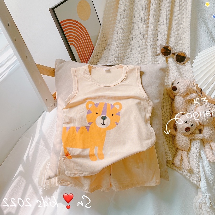 Bộ đồ cotton ba lỗ cho bé trai gái hình thú dễ thương từ 8-18kg