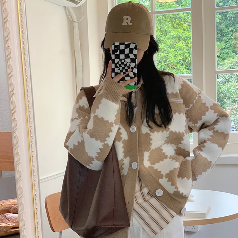 Áo cardigan len nữ họa tiết ô vuông bàn cờ ziczac Quảng châu dày dặn khoác ngoài form rộng màu xanh lá đen Kozoda AC47