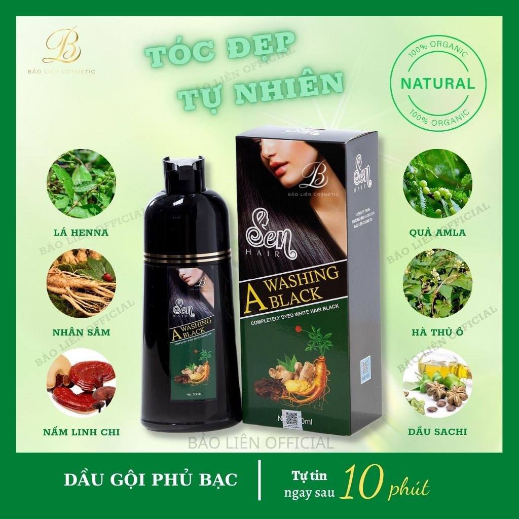 Dầu gội phủ bạc Sen Hair 500ml,dầu gội nhuộm tóc thảo dược đen tóc chỉ sau 10 phút