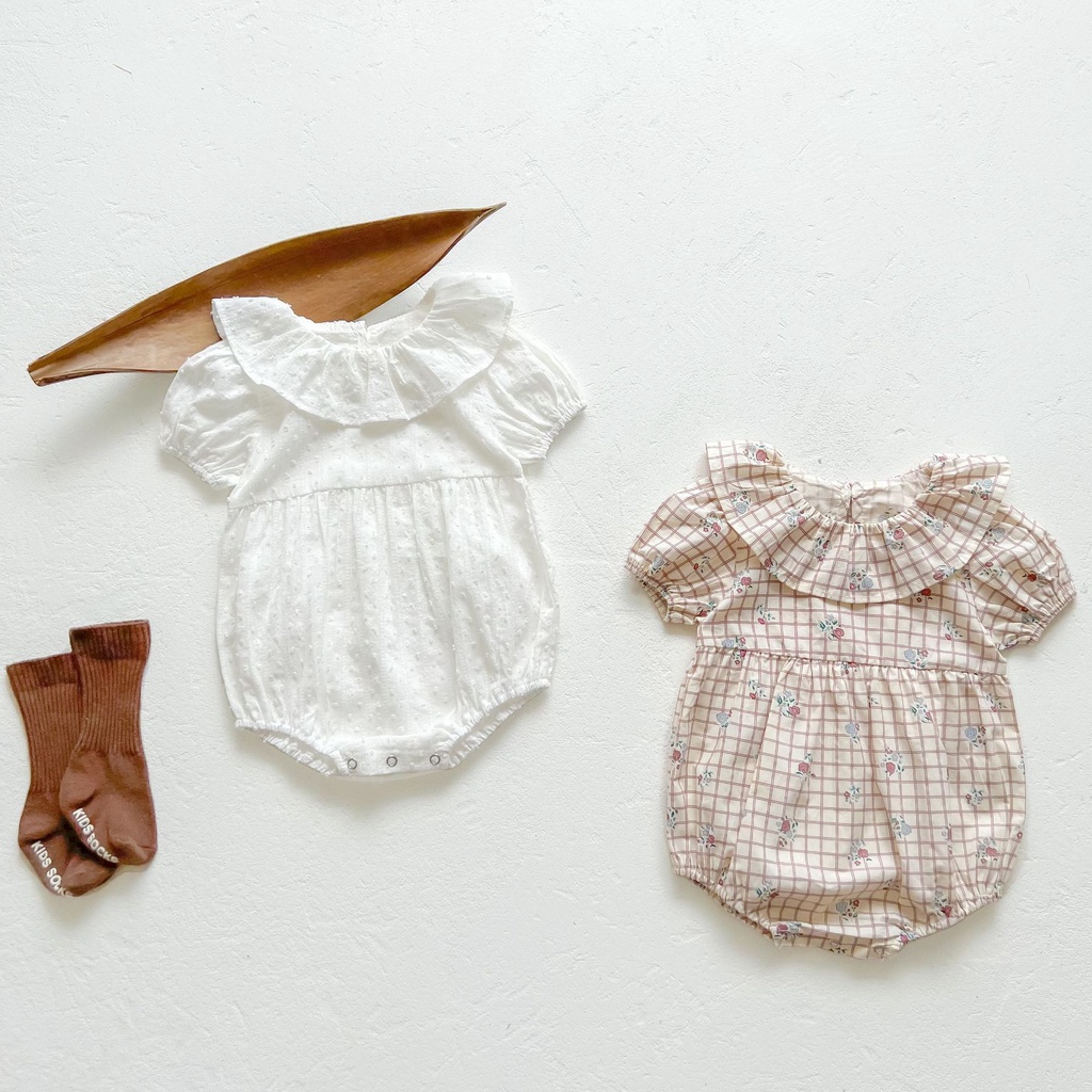 Bộ Áo Liền Quần Cổ Tròn Tay Ngắn Chất Liệu Cotton Phối Ren Hoa Hồng Thời Trang Mùa Hè Cho Bé Gái