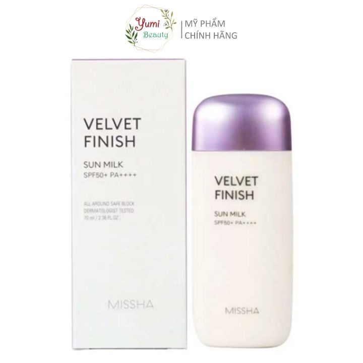 Kem chống nắng Missha Velvet Finish Sun Milk SPF 50+ PA++++ 70ml giúp kiềm dầu và nâng tông da - Yumi Beauty