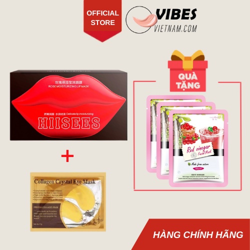 [ Tặng mặt nạ giấm táo + mắt miếng ] Mặt nạ môi Hiisees hoa hồng cao cấp dưỡng ẩm mềm môi (Hộp 20 miếng) - vibesvietnam