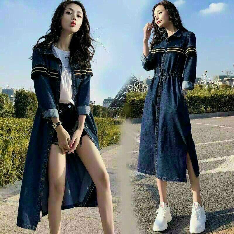 ĐẦM JEAN XOÈ ĐÍNH CÚC EO RÚT PHỐI VIỀN (làm khoác được) - 20Xcloset