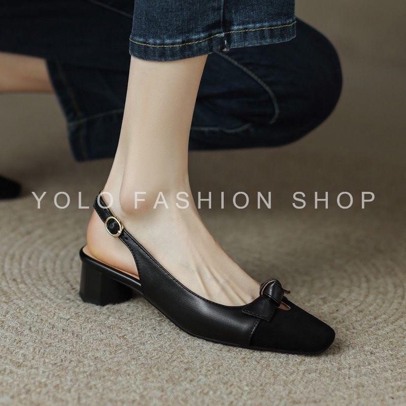 Giày búp bê nữ đế 3p hở gót mũi vuông đính nơ xinh xắn da mềm êm chân - B35