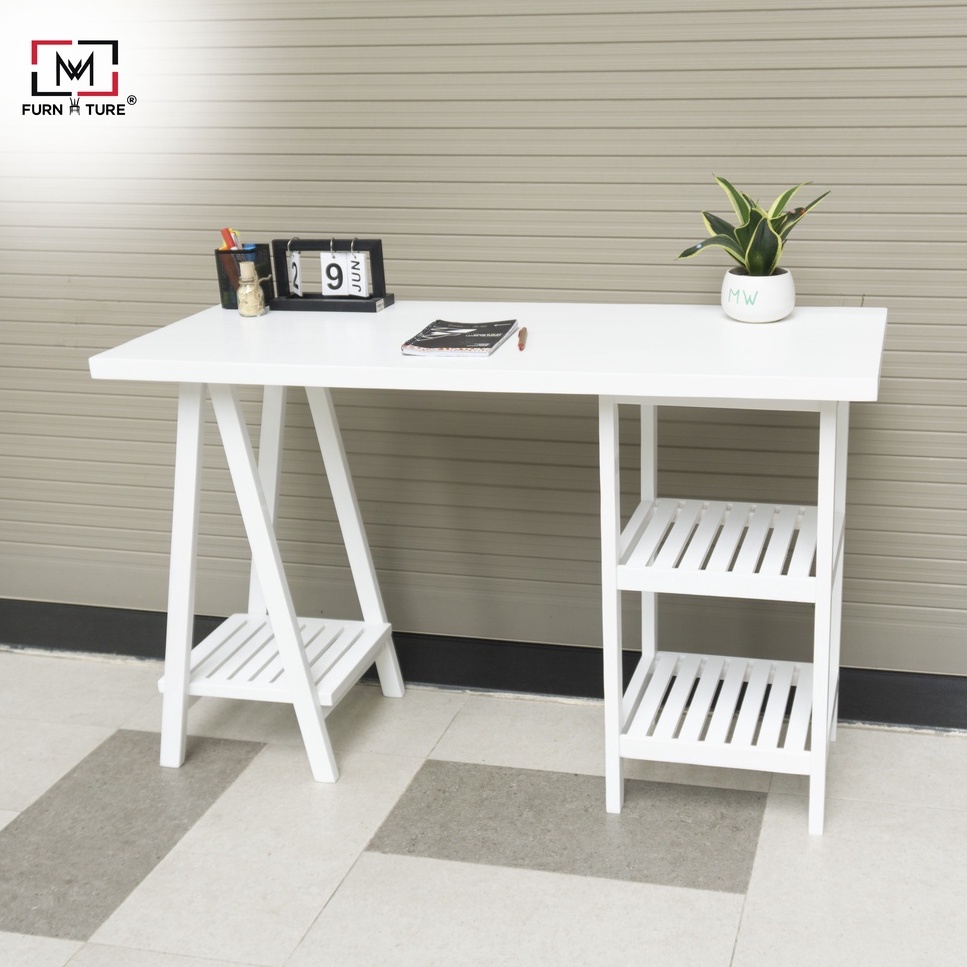 Bàn học làm việc có kệ chân tháp màu trắng thương hiệu MW FURNITURE - Nội thất căn hộ