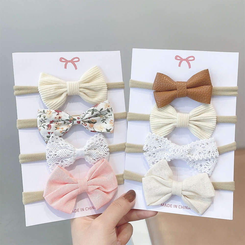 KIDSBOWS Set 4 băng đô thun bé gái đính nơ ren vải nhiều màu sắc phong cách mới