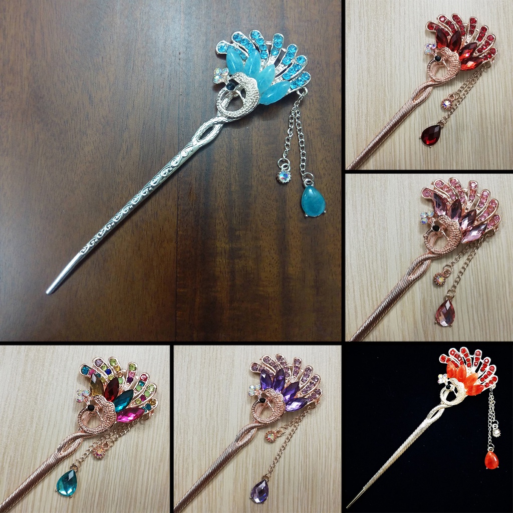 Trâm cài tóc đính hạt họa tiết chim công tua rua vintage