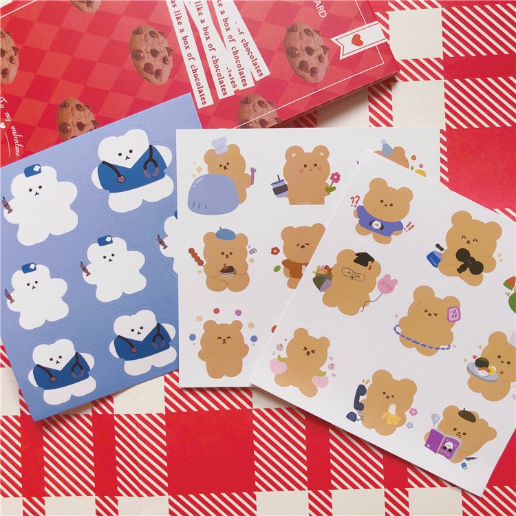 Sticker Hình Theme Gấu Tone Xanh Nâu Dán Trang Trí Đồ Dùng