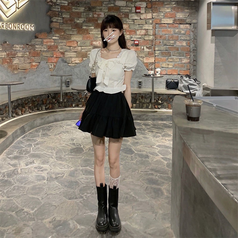 Áo Kiểu Tay Phồng Ngắn Cổ Vuông Đính Nơ Phong Cách Pháp Thời Trang Cho Nữ