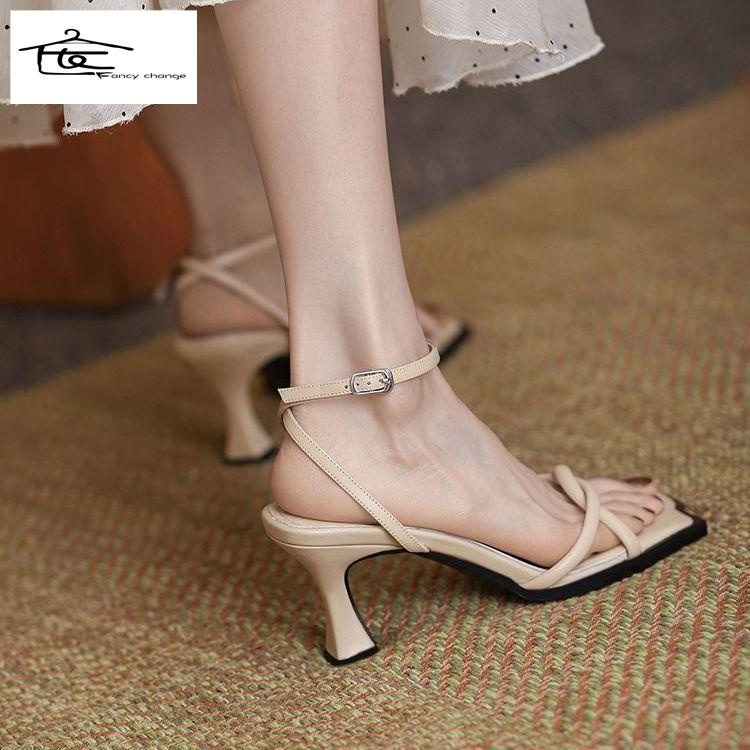 Giày Sandal Cao Gót Mũi Vuông Hở Ngón Đế Mềm Dày Dặn Bằng Da Thời Trang Dành Cho Nữ
