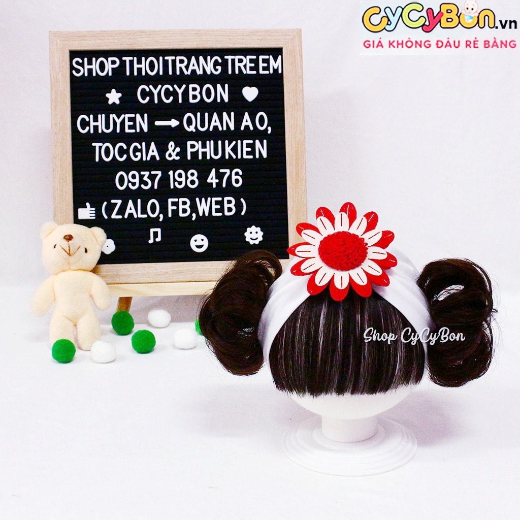 Mũ Nón Turban Tóc Giả Cho Bé Gái - Kèm Tóc Mái Và Tóc Búi 2 Bên Chất Thun Cotton Màu Trắng Đính Bông Cúc Đỏ Siêu Xinh
