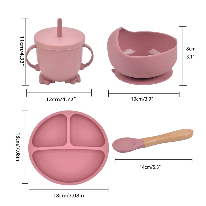 Bộ 4 Món Chén Dĩa Muỗng Ống Hút Silicone Chia Ngăn Cho Bé