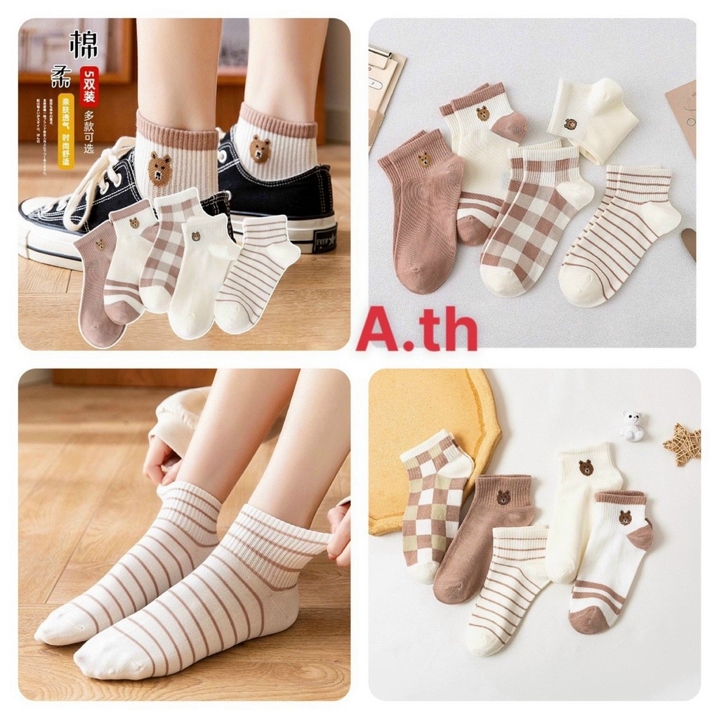 5 Đôi tất gấu cổ thấp hàng đẹp kèm túi zip
