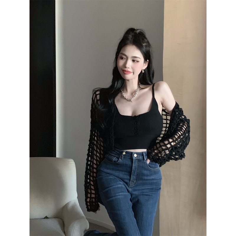Set áo 2 dây croptop ôm body tôn dáng hở vai sexy nút + áo khoác len lưới tay dài cardigan mùa hè trắng đen hồng ulzzang