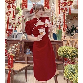 |hàng quảng châu| váy tết cổ tàu xẻ ngực dáng suông nhung đỏ ulzzang siêu xinh