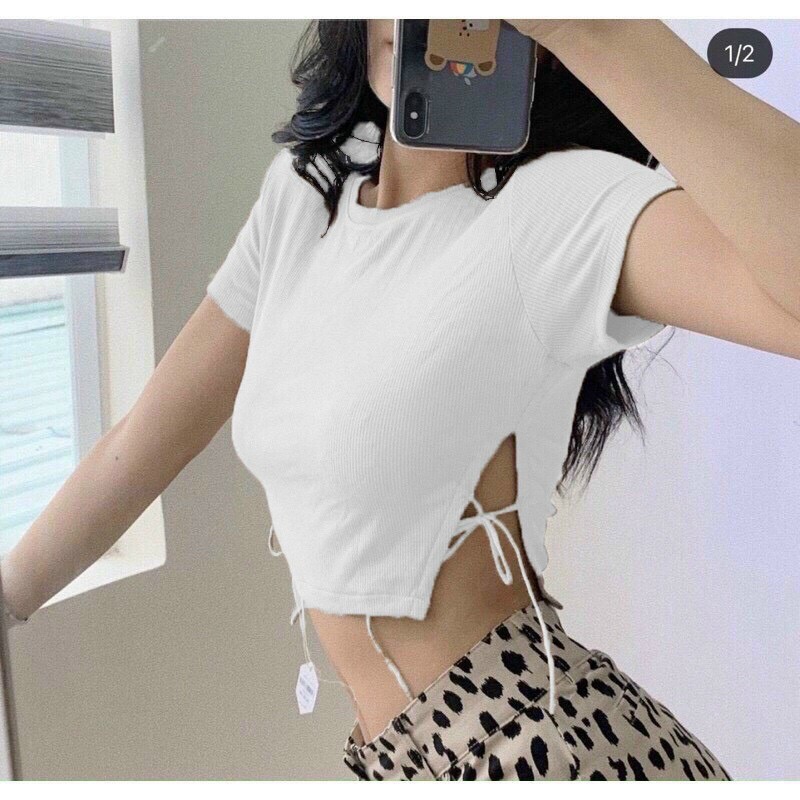ÁO CROPTOP CỔ TRÒN SẺ TÀ THUN GÂN SỊN SÒ