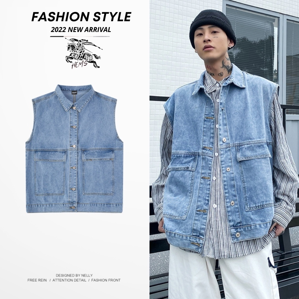 Áo Gile bò nam nữ phong cách năng động, khoác jeans dáng rộng Ulzzang Unisex